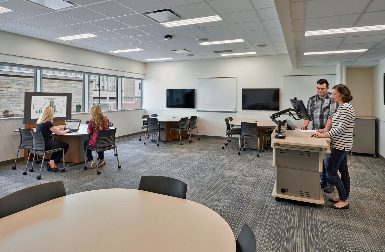 This image shows a modern collaborative learning or working space. The room has a flexible layout with several distinct work areas. In the foreground, there's a round table with black chairs. On the left side, two people with lighter hair are seated at a workstation - one appears to be working on a laptop while a display screen shows graphs or charts. On the right side, two people (a man in a checkered shirt and a woman in a striped top) are standing at what looks like a mobile teaching or presentation station. The room features multiple flat-screen TVs mounted on the walls and a whiteboard. There are additional small round tables with chairs scattered throughout the space. Large windows along one wall provide natural light and views of the building exterior. The space has a contemporary design with neutral colors, gray patterned carpet flooring, and a drop ceiling with recessed lighting. The overall setup appears designed for group work, collaborative learning, or flexible teaching arrangements, typical of modern educational institutions.