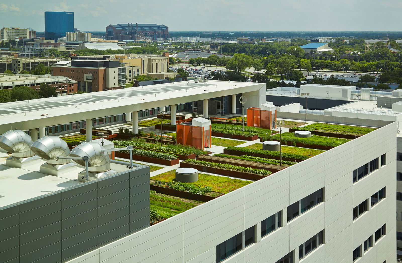 Sidney & Lois Eskenazi Hospital roof with rooftop gardens and HVAC systems. The Indianapolis skyline is visible beyond the rooftop, including a view of Lucas Oil Stadium.