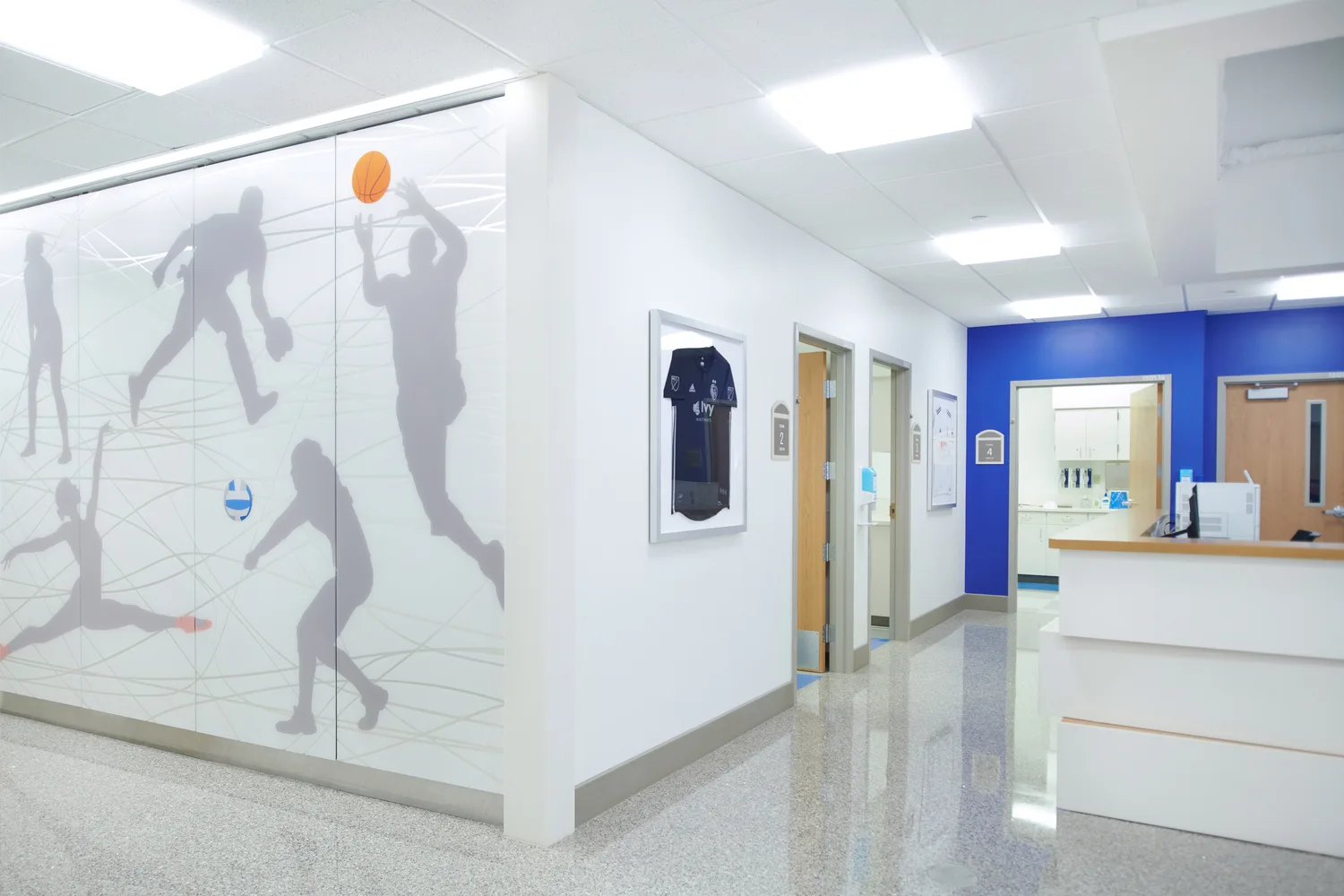 An indoor reception area with a view of the corner of the reception desk and intersecting perpendicular hallways. The space is a nearly all-white environment aside from deep royal blue walls behind the desk. On one hallway wall, grey silhouette figures are represented in various positions doing physical activity, like catching a basketball or serving a volleyball. The ceiling space features white industrial-style lighting. This photo demonstrates BSA's expertise in interior design as it relates to Sports Medicine facilities.