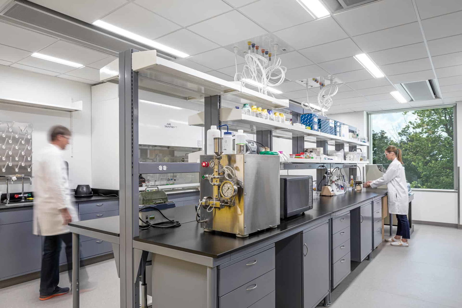 The lab is well-lit, with clean black countertops. Atop the countertops is highly technical equipment and machines standard for a science laboratory. Open shelving above the counters holds holding various lab equipment and chemical containers. A student in a white lab coat is washing her hands at the far right sink, and an older man in a lab coat, presumably a professor, is approaching her. Large windows in the background allow natural light to enter, showing a view of trees.
