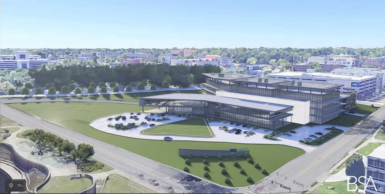 Aerial rendering of a modern corporate campus or research facility with a distinctive multi-story building featuring glass facades and horizontal design elements. The building is surrounded by expansive green space, parking areas, and landscaped grounds. The campus is situated within an urban or suburban setting with other buildings and wooded areas visible in the background. The rendering appears to be created by BSA architects (logo visible in bottom right corner) and shows the facility's integration with surrounding roads and green infrastructure.