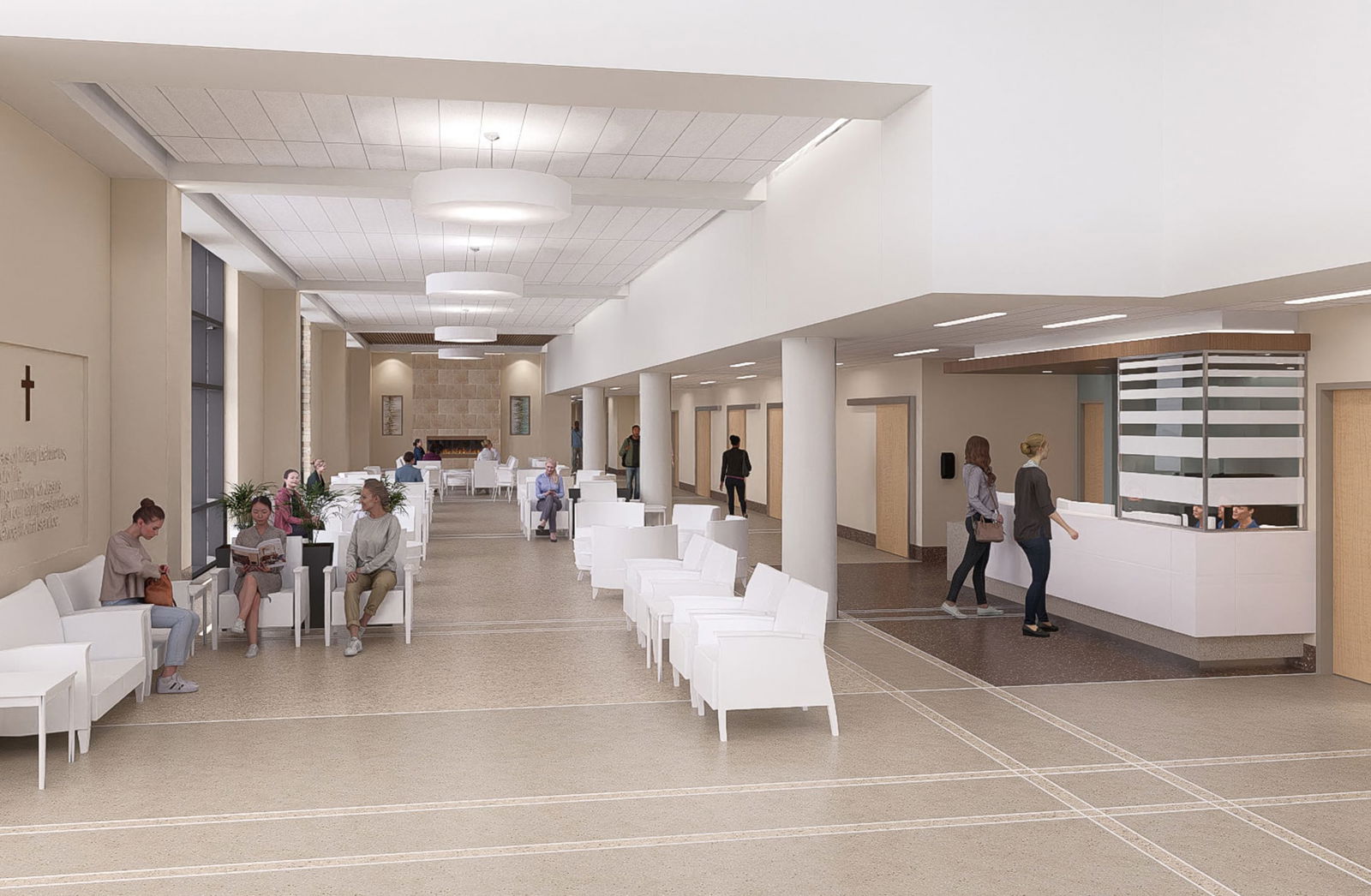 This architectural rendering illustrates a spacious waiting area in what appears to be a faith-based healthcare facility. The long, open lobby features multiple seating arrangements with modern white chairs and small tables, creating comfortable conversation clusters for patients and visitors. Large cylindrical pendant lights hang from the ceiling, complementing the neutral color palette of beige, cream, and light wood tones. On the left wall, there's a cross and what looks like a mission statement or religious inscription. The background shows a stone accent wall with what might be a fireplace, adding warmth to the space. To the right, a reception desk with a privacy screen welcomes visitors, while hallways with wood-framed doorways lead to clinical areas. The terrazzo-style flooring with linear inlays adds visual interest while maintaining the calm, dignified atmosphere appropriate for a healing environment.
