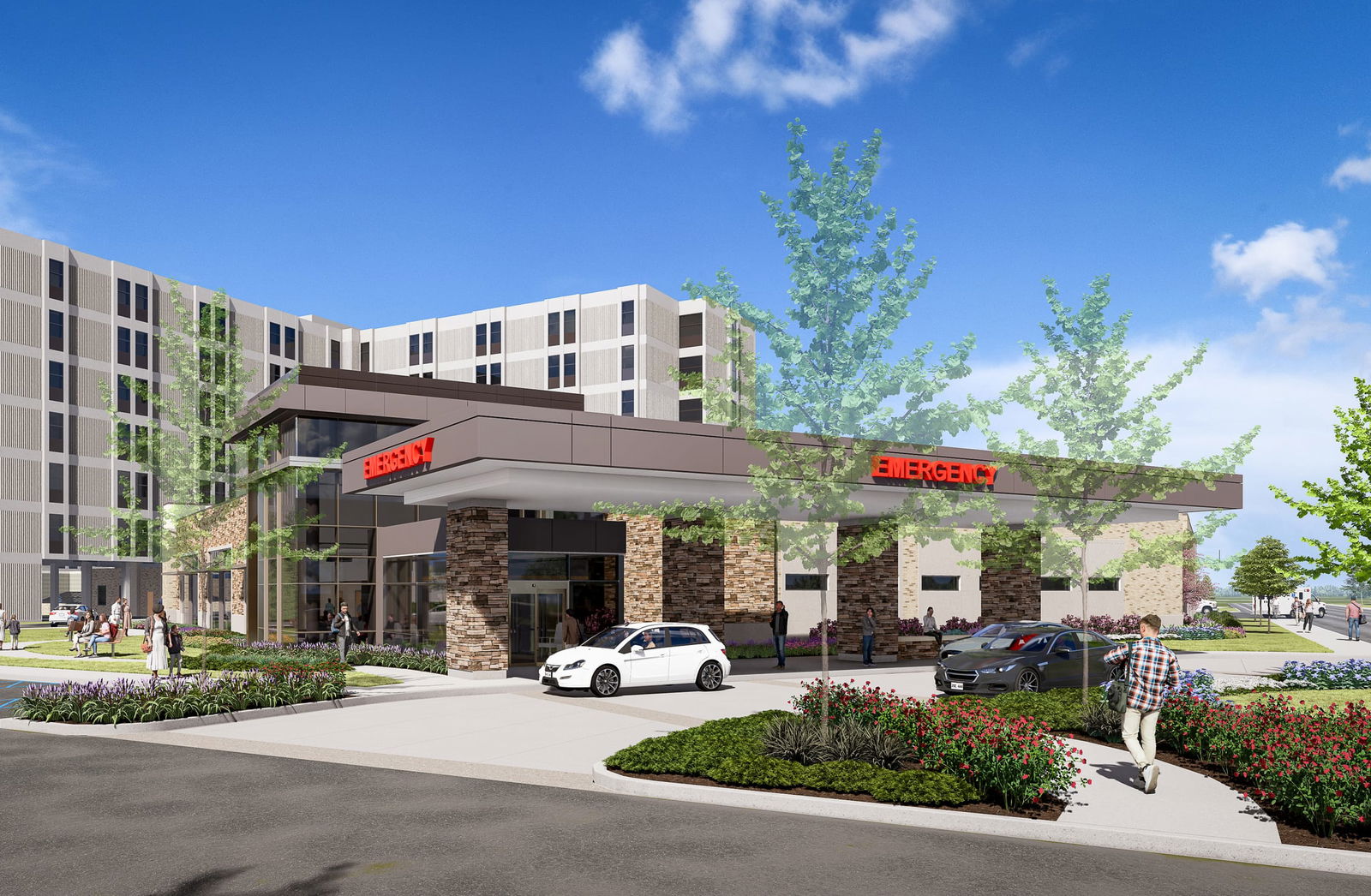 This architectural rendering shows the Emergency Department Expansion at Mercy Hospital South, designed by BSA. The image features a modern single-story emergency entrance with prominent red 