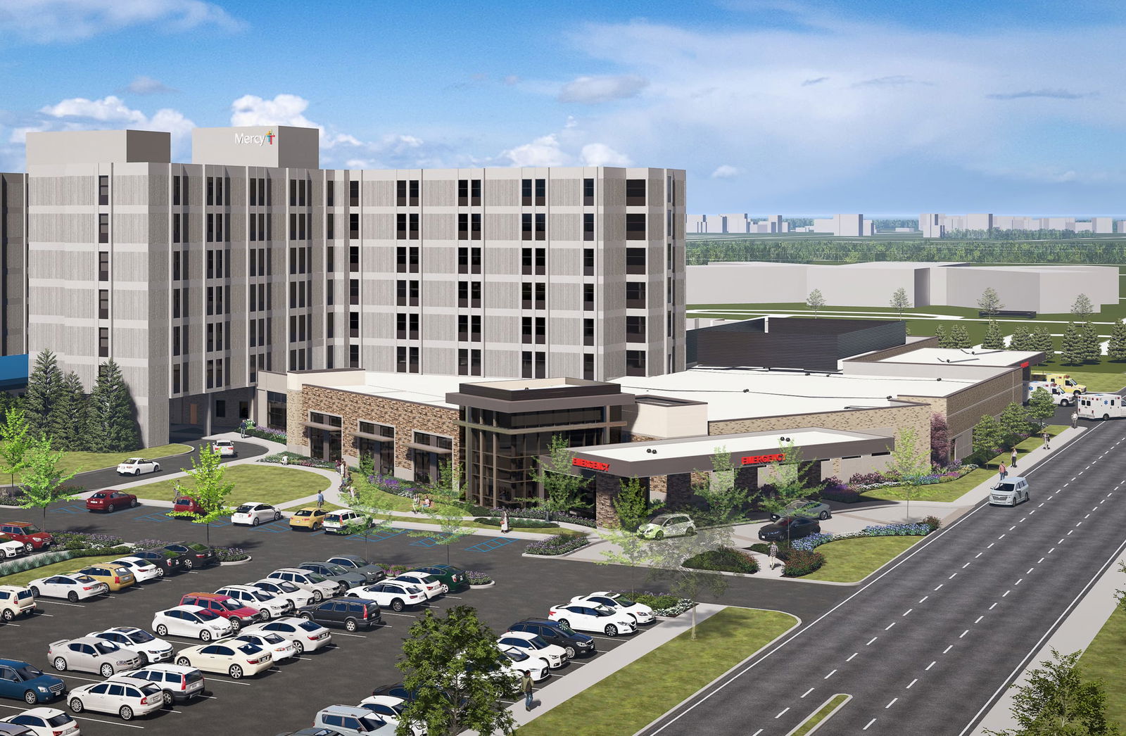 Aerial view of an architectural rendering, showing the Emergency Department Expansion at Mercy Hospital South, designed by BSA. The image features a modern single-story emergency entrance with prominent red 