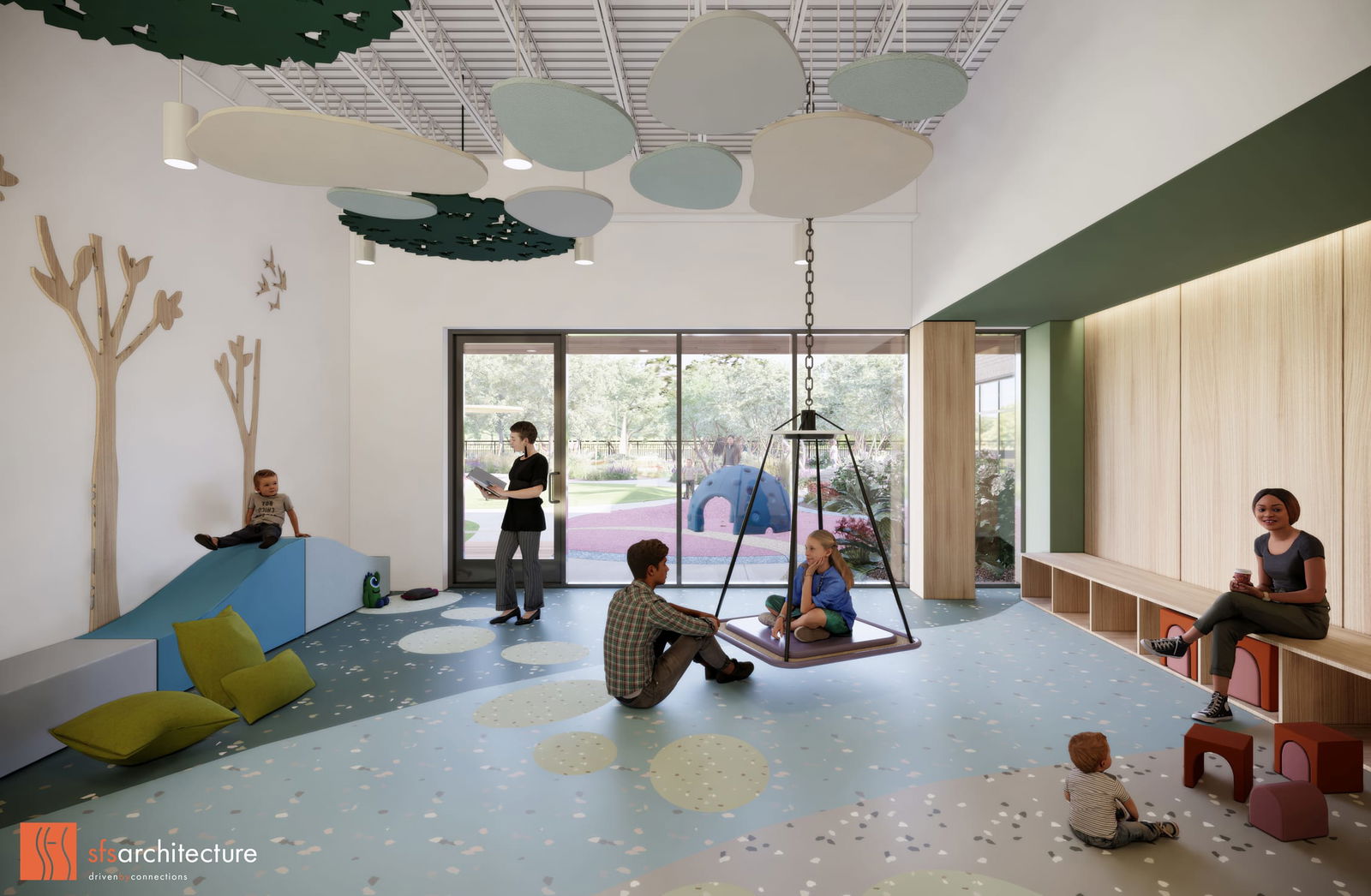 This rendering depicts an interior therapy space at the Thompson Center designed specifically for children with autism and neurodevelopmental conditions. The room features thoughtful sensory elements including a suspended platform swing, soft cloud-like acoustic panels hanging from the ceiling, and a soothing blue floor with gentle circular patterns. Natural elements are incorporated through wooden wall decorations resembling trees and large windows providing views to the outdoor therapeutic garden. The space balances structured areas with flexible seating options, including built-in wooden benches, soft pillows, and child-sized stools. Adults and children are shown engaged in various therapeutic activities within this calming, purposefully designed environment that supports different sensory needs while facilitating interaction between clinicians, caregivers, and children.