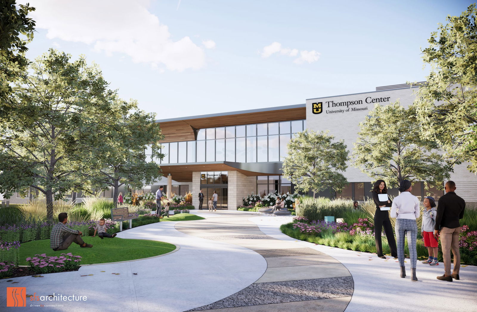 This rendering offers a wider view of the Thompson Center's entrance approach, showcasing the harmonious integration of architecture and landscape design. A gently curving walkway leads visitors through carefully planned green spaces with varying textures and colors of vegetation, creating a sensory-rich yet calming journey to the building. The modern structure features a distinctive warm wooden canopy above expansive windows, balanced with white brick elements. The design incorporates multiple seating areas and gathering spaces along the path, encouraging social interaction while providing quiet moments for respite. People of various ages are shown throughout the space—some walking, others sitting or conversing—reflecting the center's inclusive, family-centered approach to autism and neurodevelopmental services.