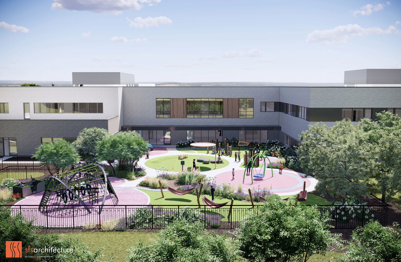 This rendering provides an aerial view of the Thompson Center's central courtyard playground, showcasing how the building wraps around this protected therapeutic outdoor space. The design features distinct activity zones with purple and green surfacing that create visual organization while supporting different types of play and sensory experiences. Key elements include climbing structures, swings, hammocks, and various tactile play features, all thoughtfully arranged to allow for both active engagement and quieter sensory experiences. The surrounding two-story building with its neutral color palette and strategic window placement provides both shelter and supervision opportunities, while allowing natural light into interior spaces. Careful landscaping with ornamental grasses and flowering plants creates natural boundaries and sensory interest, all contained within a secure perimeter fence. This design exemplifies how therapeutic environments can be integrated into healthcare facilities for children with autism and neurodevelopmental conditions.