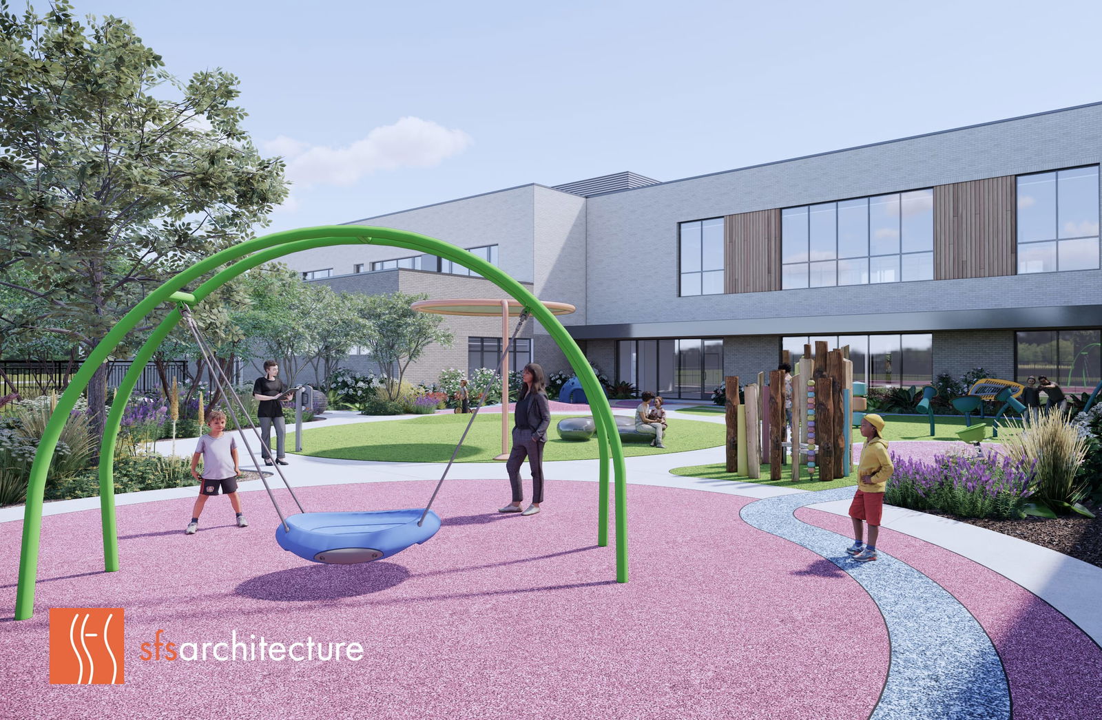 Rendering of the outdoor therapeutic play area at the Thompson Center for Autism & Neurodevelopment, featuring colorful, textured surfaces, inclusive play equipment like a green-framed swing, and sensory-friendly elements such as musical instruments and natural plantings. Children and adults are interacting in the space, which is designed to support sensory engagement and social development. The modern two-story facility with large windows and wood panel accents serves as a backdrop.