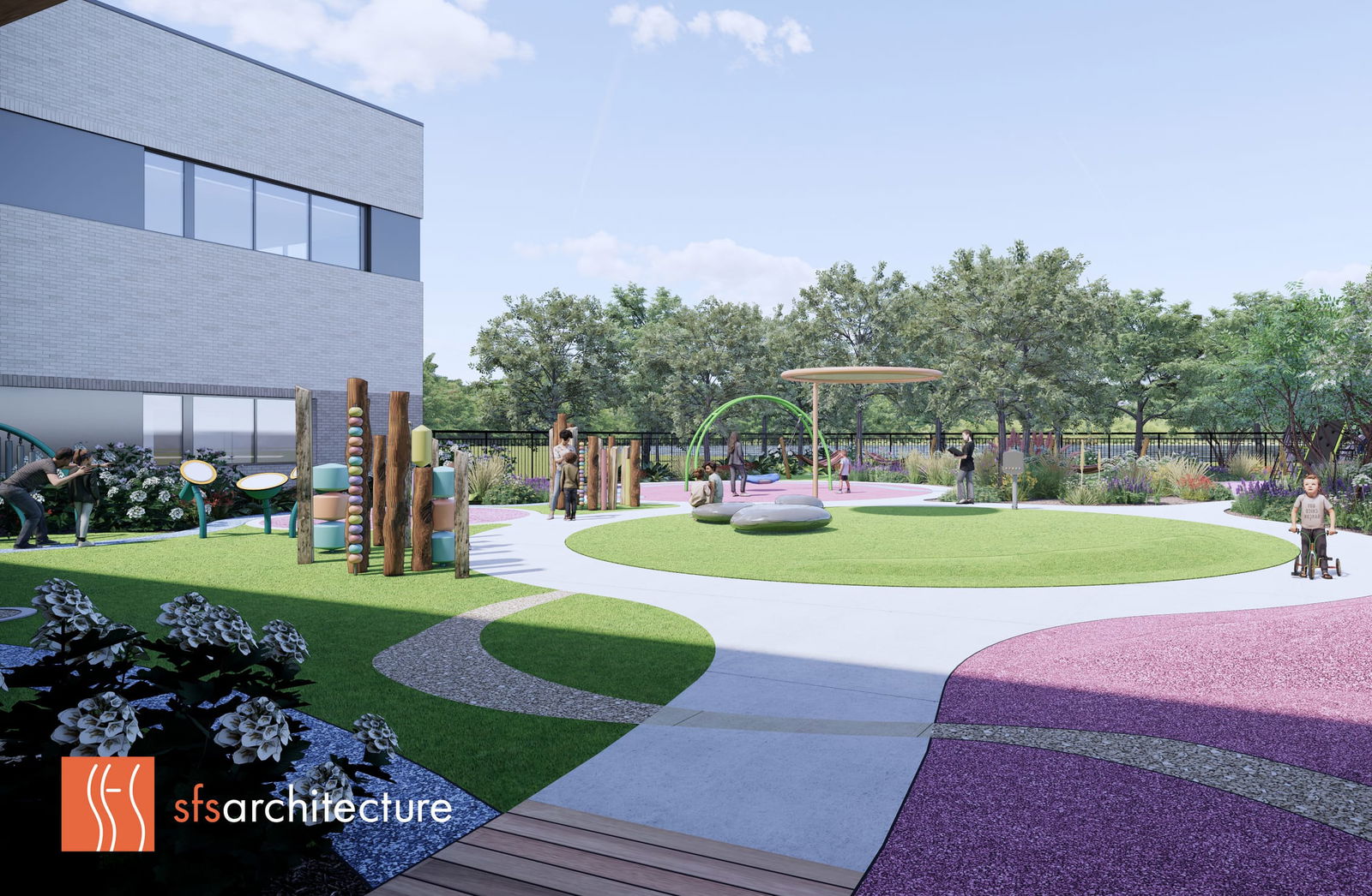 This rendering showcases a thoughtfully designed outdoor therapeutic playground at the Thompson Center, featuring a modern, sensory-rich environment with distinct activity zones. The space includes colorful circular turf areas, purple rubber surfacing, and white pathways that create an organized yet playful flow. Various sensory elements include wooden tactile posts, musical instruments, and a central circular seating area beneath a shade structure. Children are shown engaging with different play elements while the modern white brick building of the center provides a calm backdrop. The playground is bordered by strategic plantings and a fence with views to surrounding trees, creating a secure yet open environment specifically designed to support therapeutic play for children with autism and neurodevelopmental conditions.